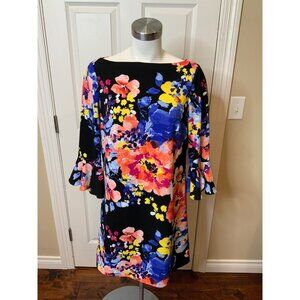 Tahari ASL Black Floral Bell Sleeve Shift Dress, Size 8